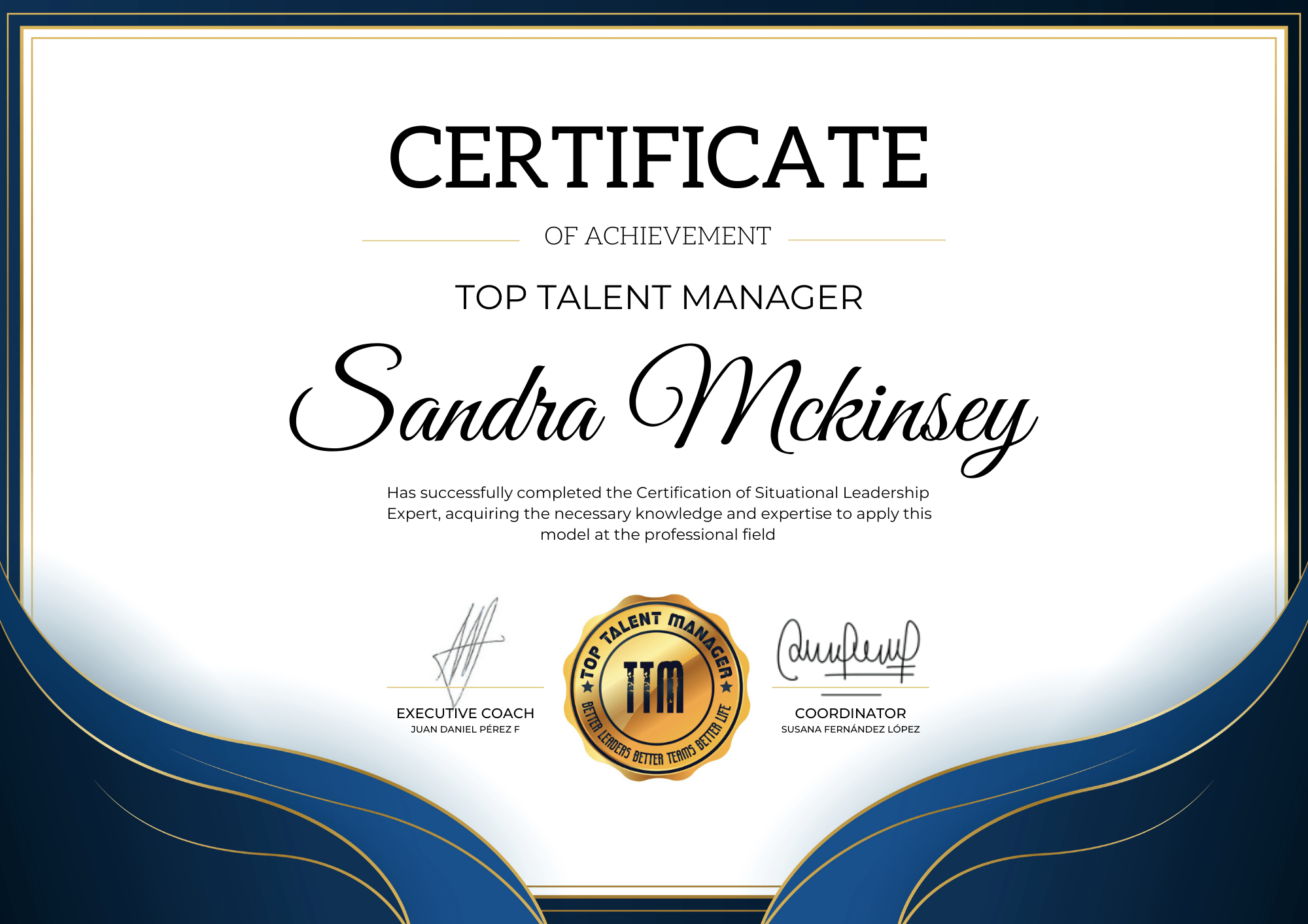 Ejemplo de certificado de curso de Top Talent Manager